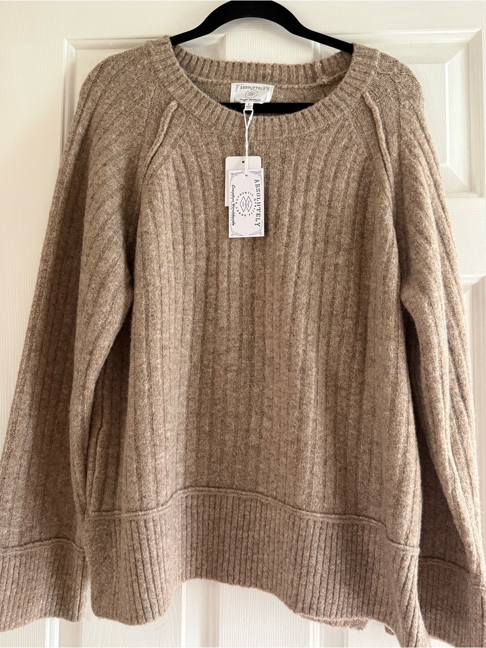 Absolutely NY Crewneck Chunky Sweater Ribbed Taupe Size Large NWT Fisherman